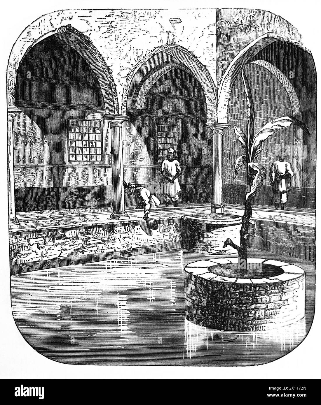 Wood Engraving of an Enclosed Eastern Cistern - King Hezekiah Prepared Jerusalem for an impending siege from the Assyrians by blocking the source of t Stock Photo