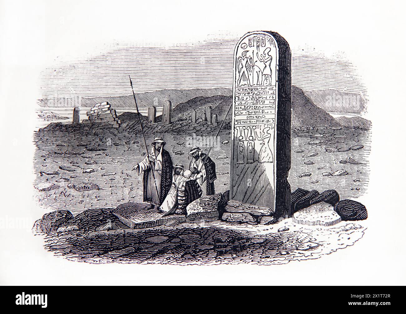 Wood Engraving of Sarbout-El-Cadem An Ancient Graveyard of Idumea by Cassas from 19th Century Illustrated Family Bible Stock Photo