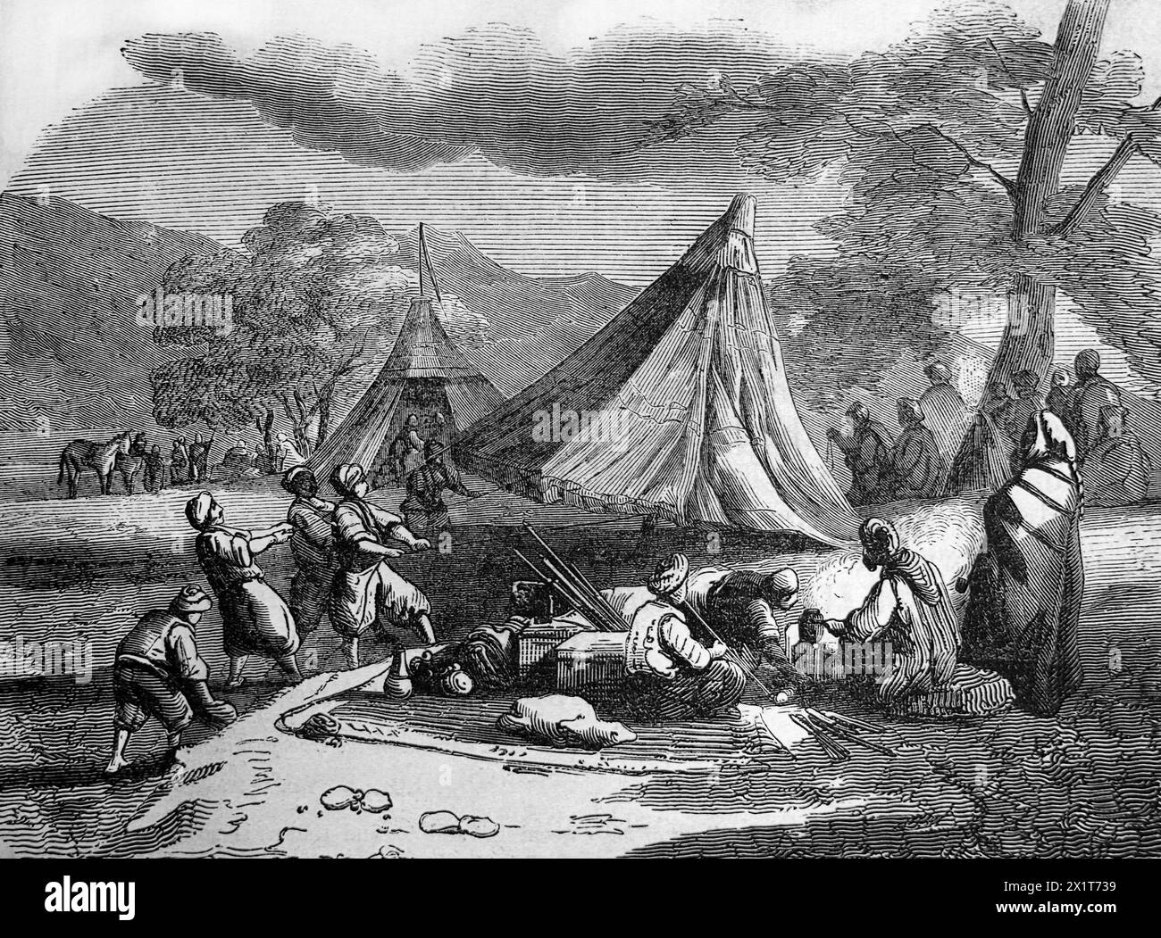 Travellers Pitching Their Tents from the Book of Ezra Old Testament From Ilustrated Family Bible Stock Photo