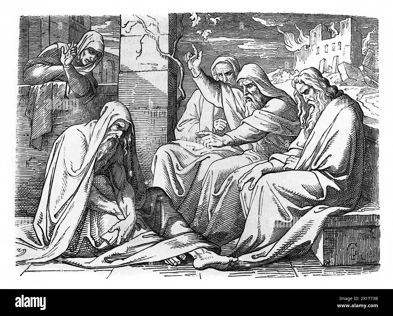 Wood Engraving of Job's Friends Eliphaz, Bildad and Zophar Counsel him after he has lost everything Eliphaz the Terminite says 'Who Can Withhold Himse Stock Photo