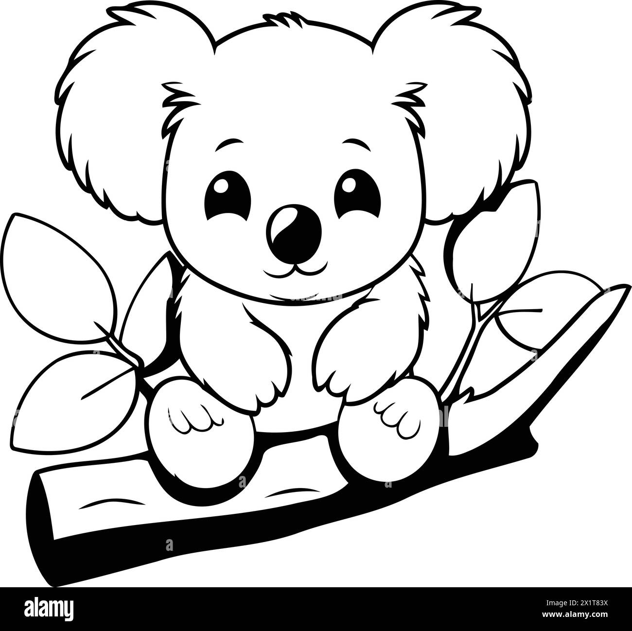 Cute koala sitting on a branch with leaves. Vector illustration. Stock Vector