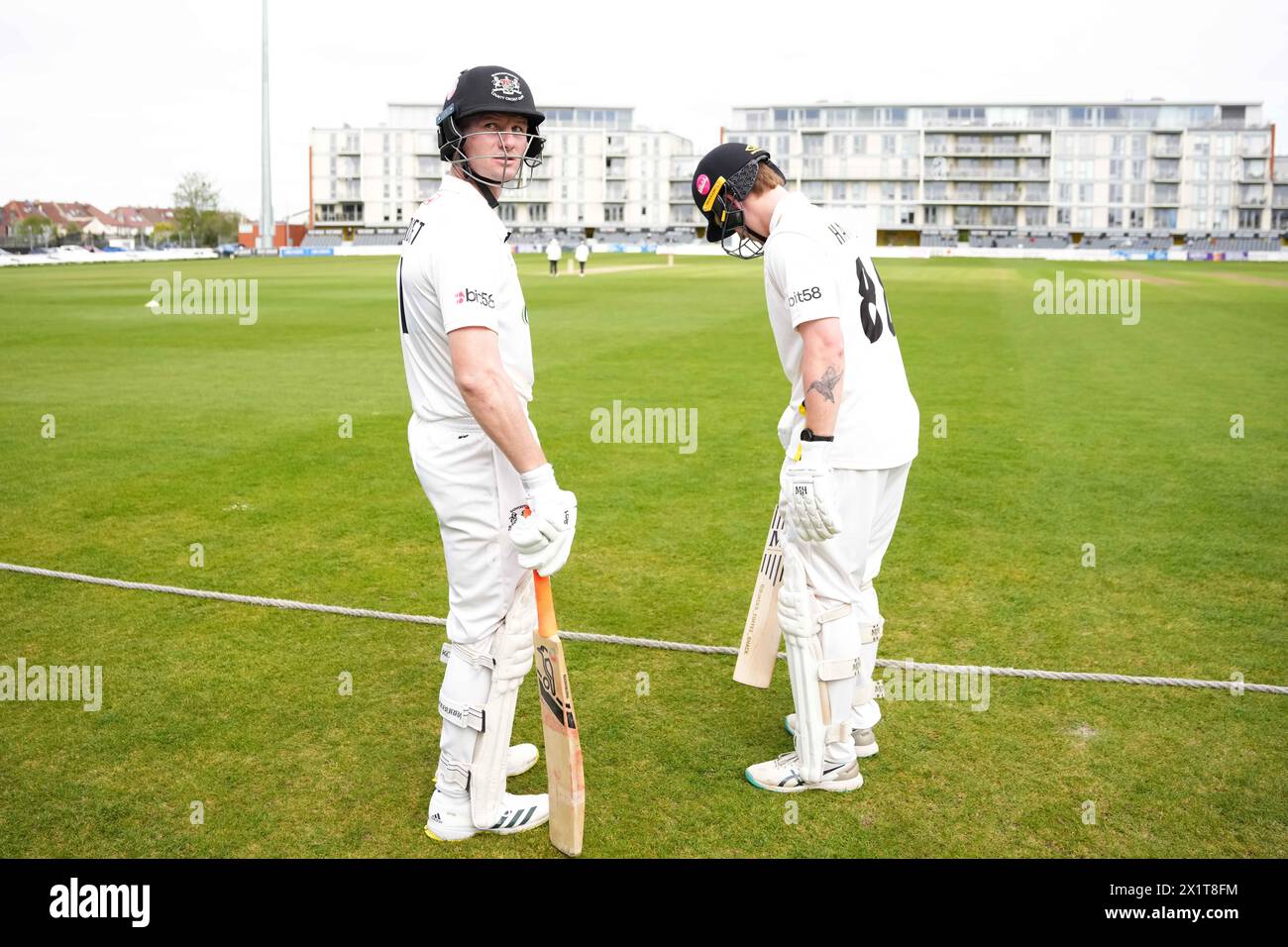Bristol, UK, 13 April 2024. Gloucestershire's Cameron Bancroft (left) and Gloucestershire's Miles Hammond prepare to walk out to bat Stock Photo