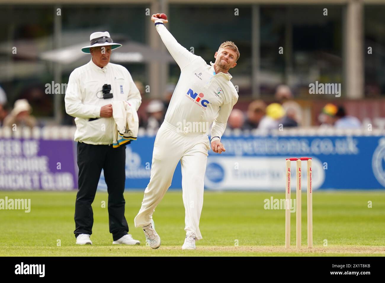 Bristol, UK, 13 April 2024. Yorkshire's Joe Root bowls during the Vitality County Championship match at The Seat Unique Stadium, Bristol. Stock Photo