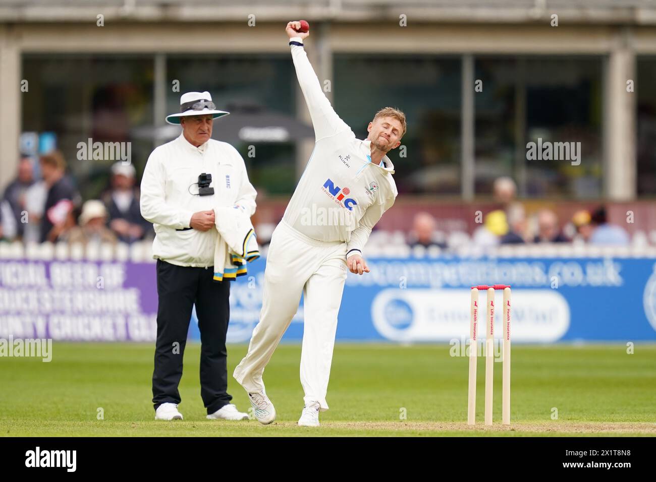 Bristol, UK, 13 April 2024. Yorkshire's Joe Root bowls during the Vitality County Championship match at The Seat Unique Stadium, Bristol. Stock Photo