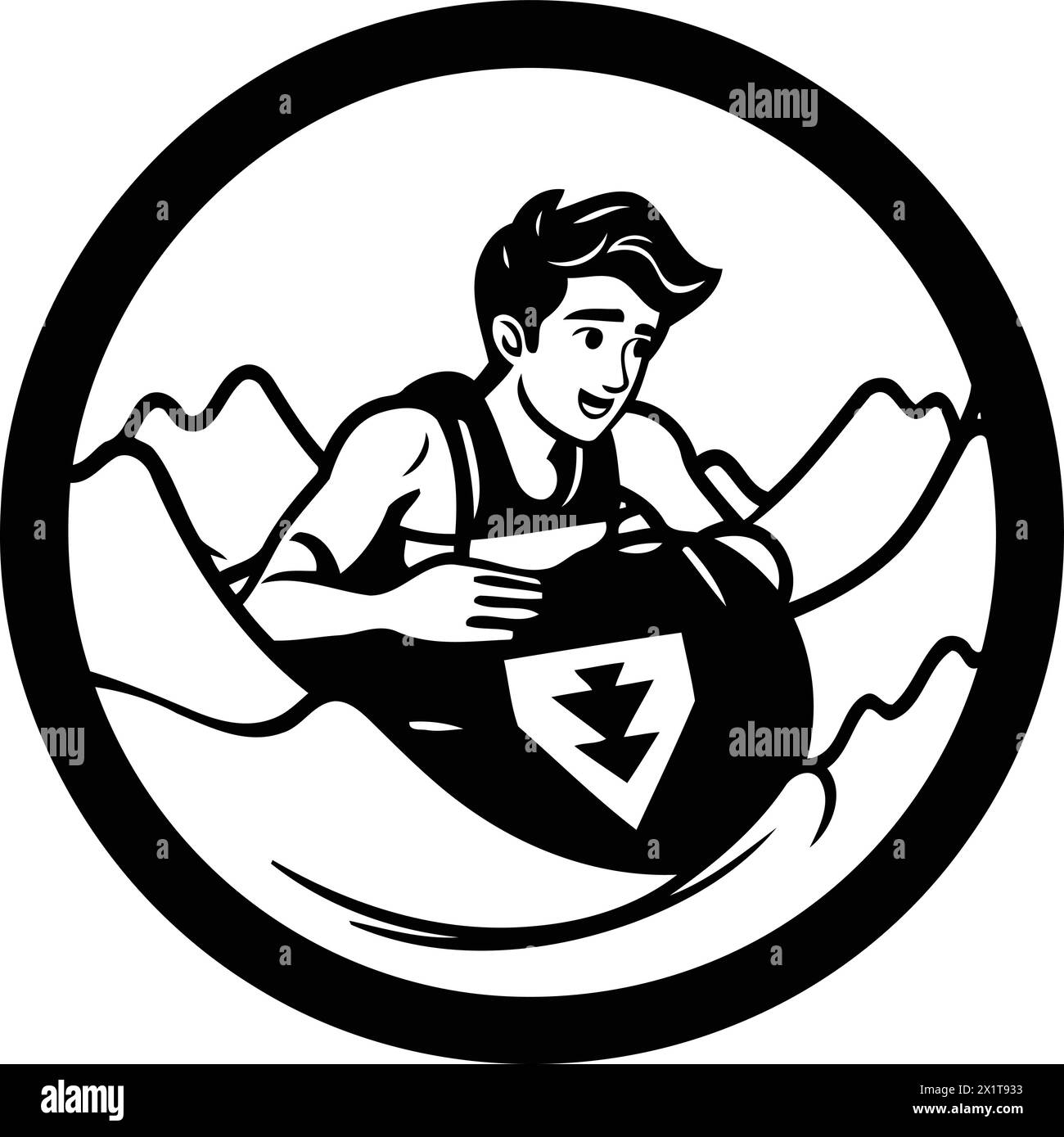 Illustration of a man surfing on a surfboard holding a cup of coffee viewed from the side set inside circle on isolated background done in retro style Stock Vector