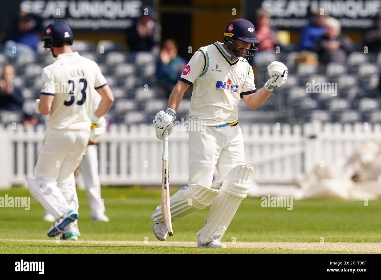 Bristol, UK, 14 April 2024. Yorkshire's Adam Lyth celebrates hitting a ...