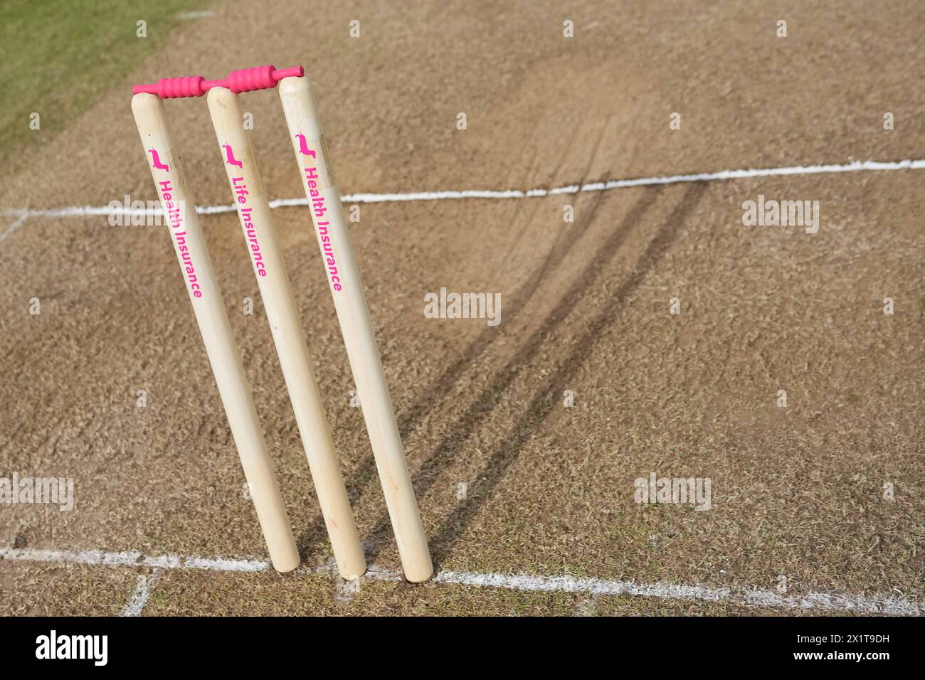 Bristol, UK, 14 April 2024. The stumps during the Vitality County Championship match at The Seat Unique Stadium, Bristol. Stock Photo