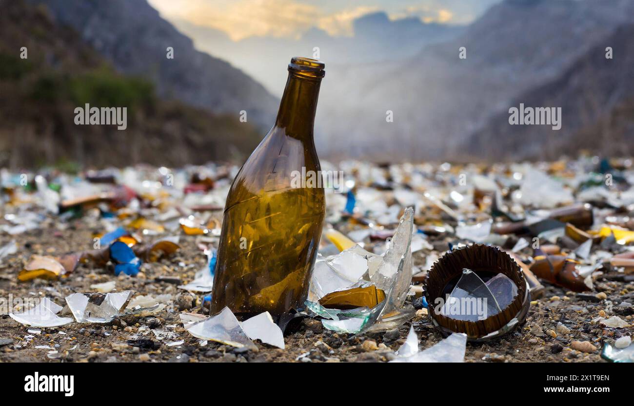 eine zerbrochene Flasche, Scherben, Glas, Umweltverschmutzung, digital bearbeitet Stock Photo