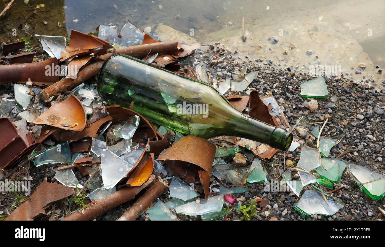 eine zerbrochene Flasche, Scherben, Glas, Umweltverschmutzung, digital bearbeitet Stock Photo