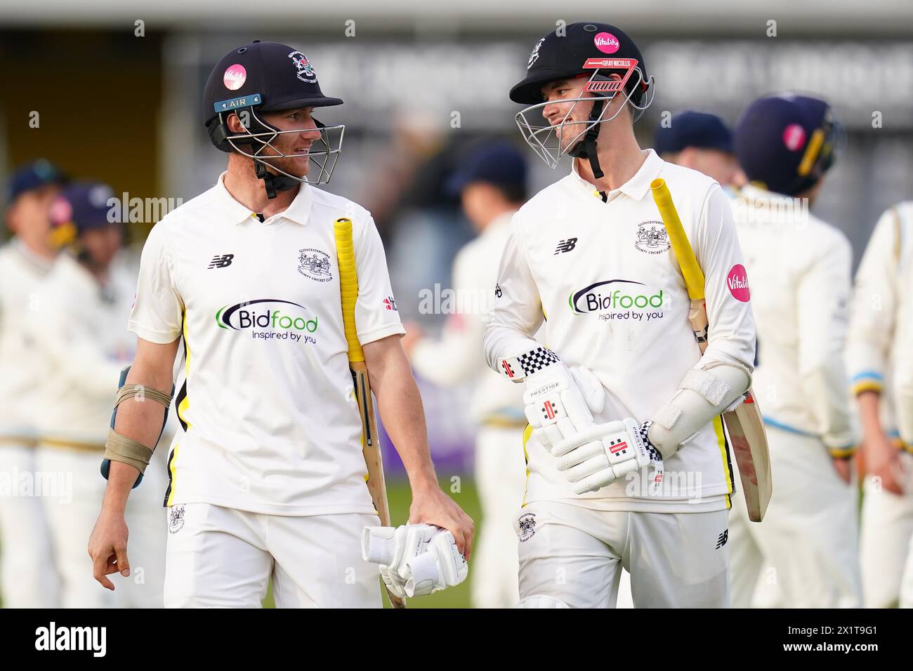Bristol, UK, 14 April 2024. Gloucestershire's James Bracey (left) and Ollie Price walk off the pitch at the end of day three Stock Photo