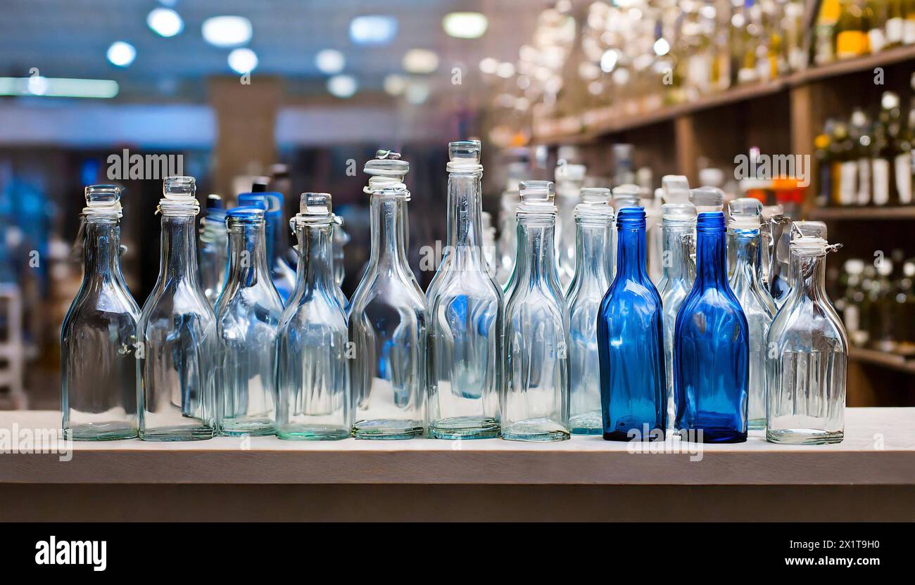 leere Flaschen aus Glas, verschiedene, stehen in einer Reihe, digital bearbeitet Stock Photo