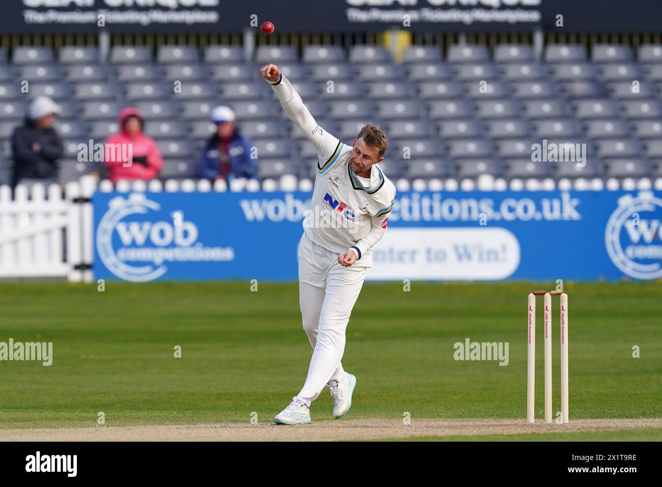 Bristol, UK, 15 April 2024. Yorkshire's Joe Root bowls during the Vitality County Championship match at The Seat Unique Stadium, Bristol. Stock Photo
