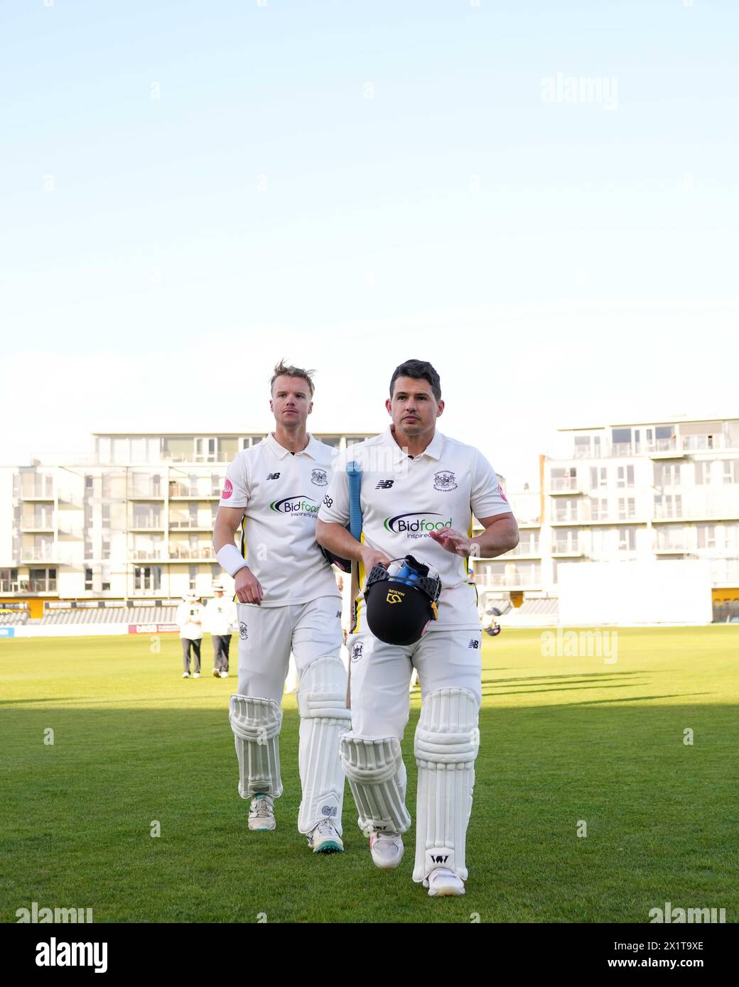 Bristol, UK, 15 April 2024. Gloucestershire's Graeme van Buuren (right) and Ben Charlesworth walk off the field at end of play after earning a draw Stock Photo