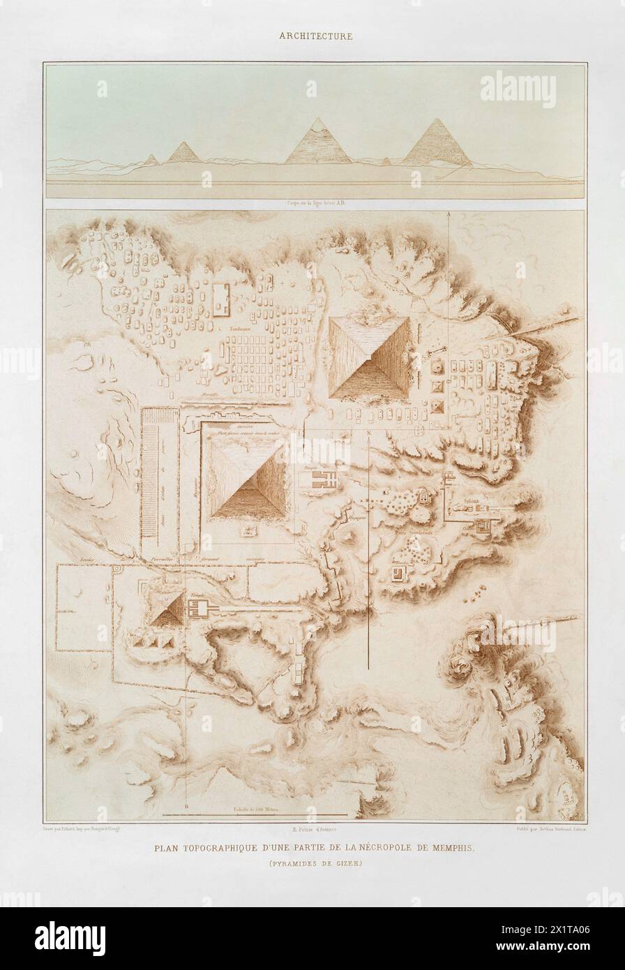 Topographic map of part of the Memphite Necropolis (Pyramids of Giza) from Histoire de l&#39;art égyptien (1878) by Émile Prisse d&#39;Avennes. Stock Photo