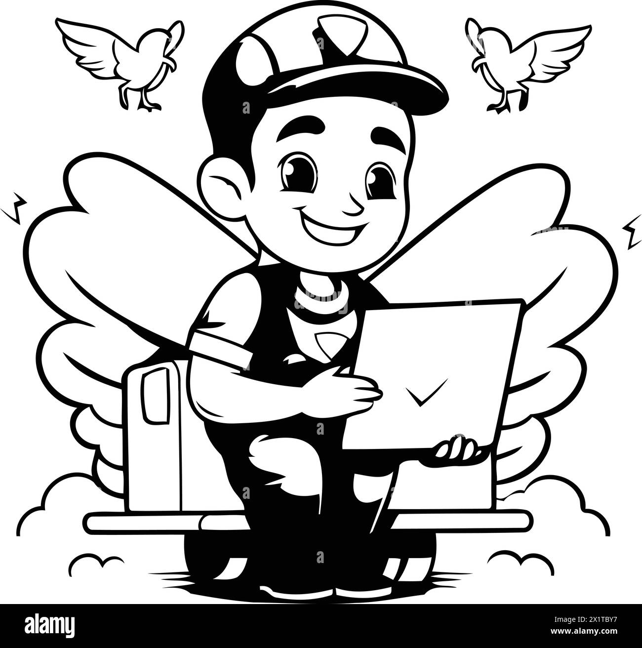Superhero boy cartoon character with laptop and wings. Vector illustration. Stock Vector