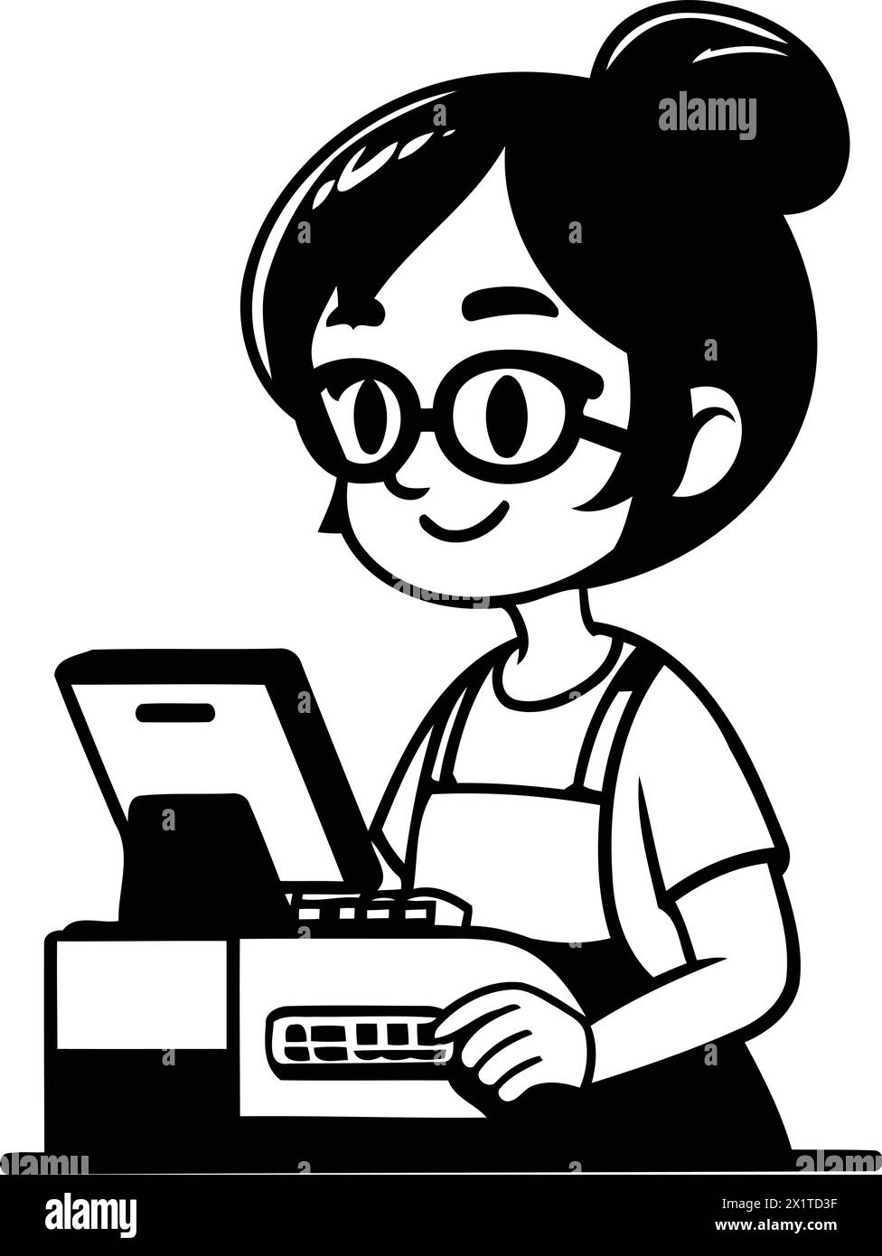 Cute cartoon girl with typewriter and cash register. Vector illustration. Stock Vector
