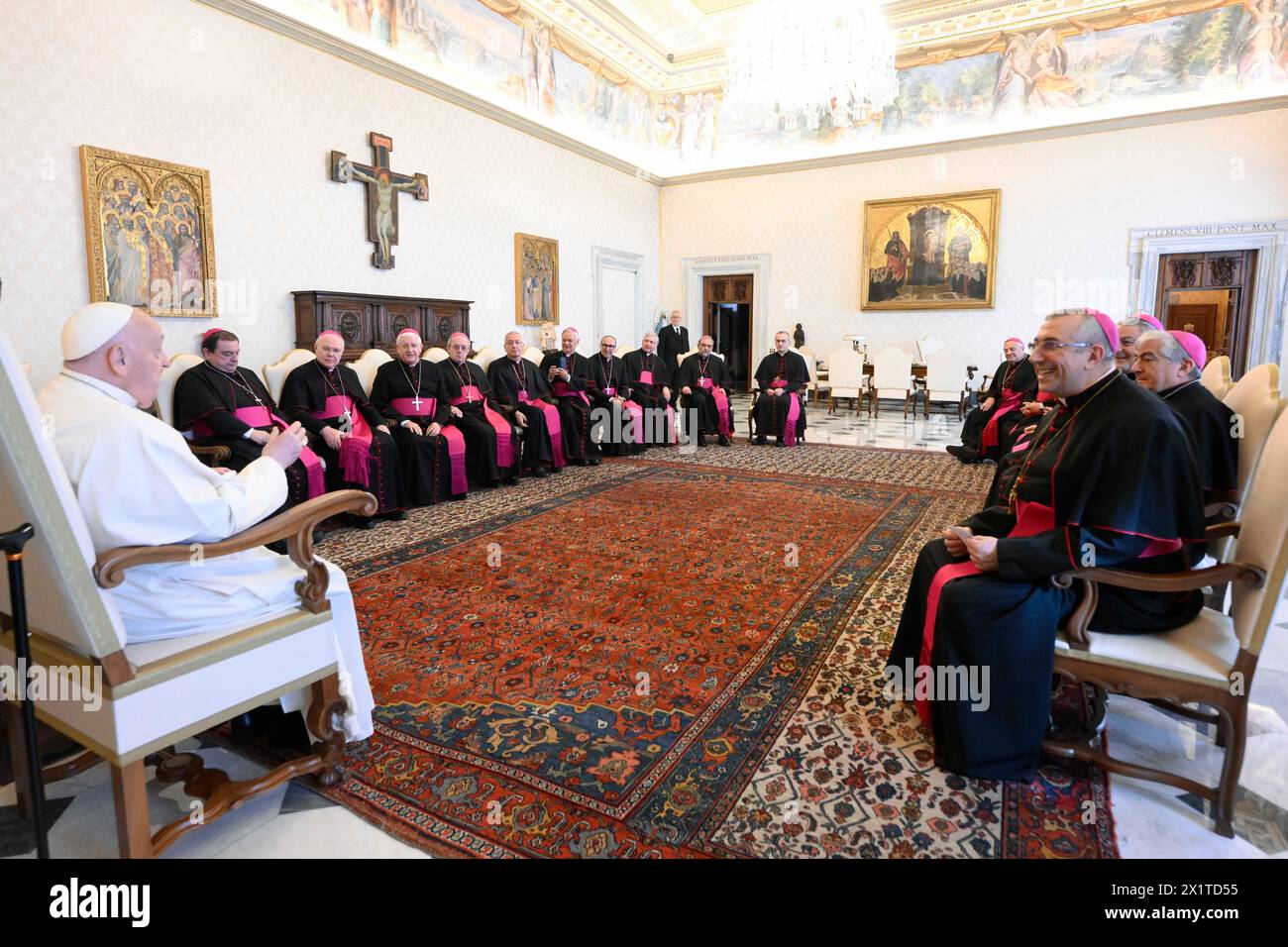 Vatican, Vatican. 18th Apr, 2024. **NO LIBRI** Italy, Rome, Vatican, 2024/4/18.Pope Francis receives in private audience Bishops of Puglia at the Vatican City Photograph by Vatican Media /Catholic Press Photo s. RESTRICTED TO EDITORIAL USE - NO MARKETING - NO ADVERTISING CAMPAIGNS.Italia, Roma, Vaticano, 2024/4/18. Papa Francesco riceve in udienza privata i vescovi della Puglia presso la Città del Vaticano. Credit: Independent Photo Agency/Alamy Live News Stock Photo