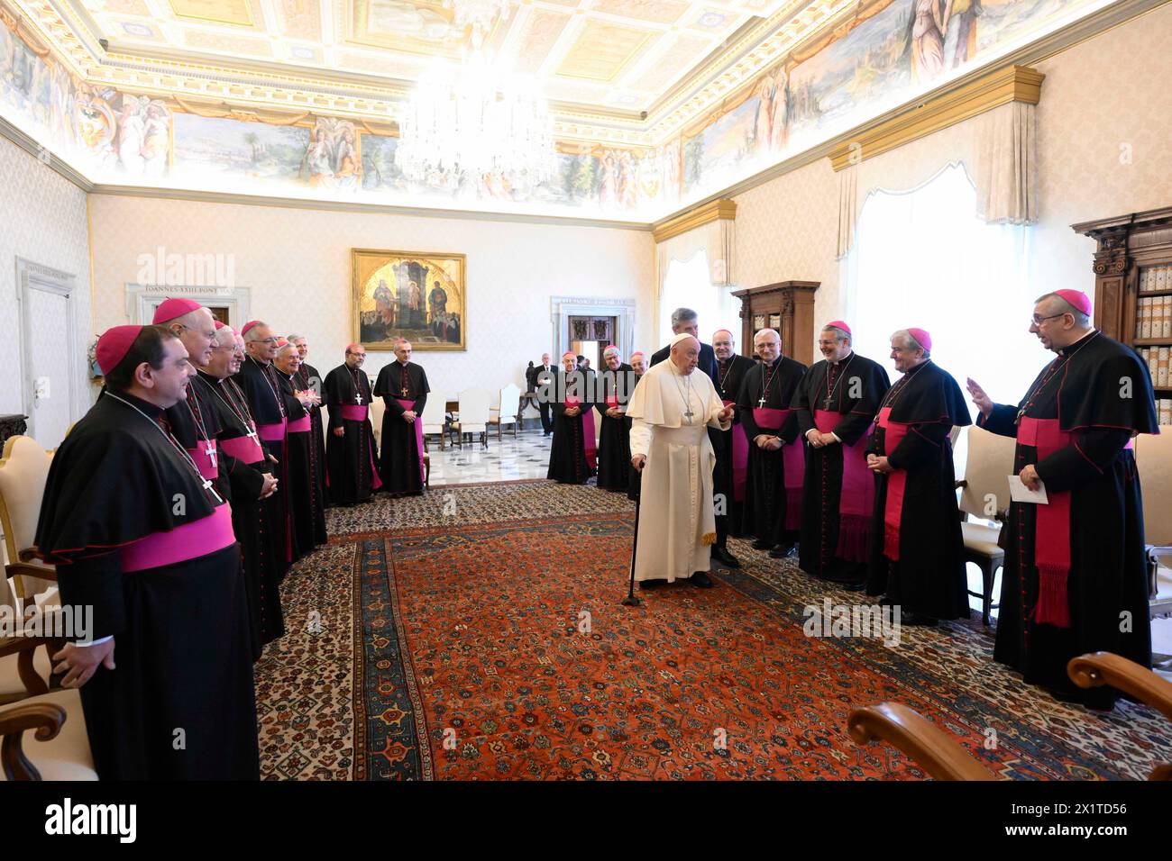 Vatican, Vatican. 18th Apr, 2024. **NO LIBRI** Italy, Rome, Vatican, 2024/4/18.Pope Francis receives in private audience Bishops of Puglia at the Vatican City Photograph by Vatican Media /Catholic Press Photo s. RESTRICTED TO EDITORIAL USE - NO MARKETING - NO ADVERTISING CAMPAIGNS.Italia, Roma, Vaticano, 2024/4/18. Papa Francesco riceve in udienza privata i vescovi della Puglia presso la Città del Vaticano. Credit: Independent Photo Agency/Alamy Live News Stock Photo