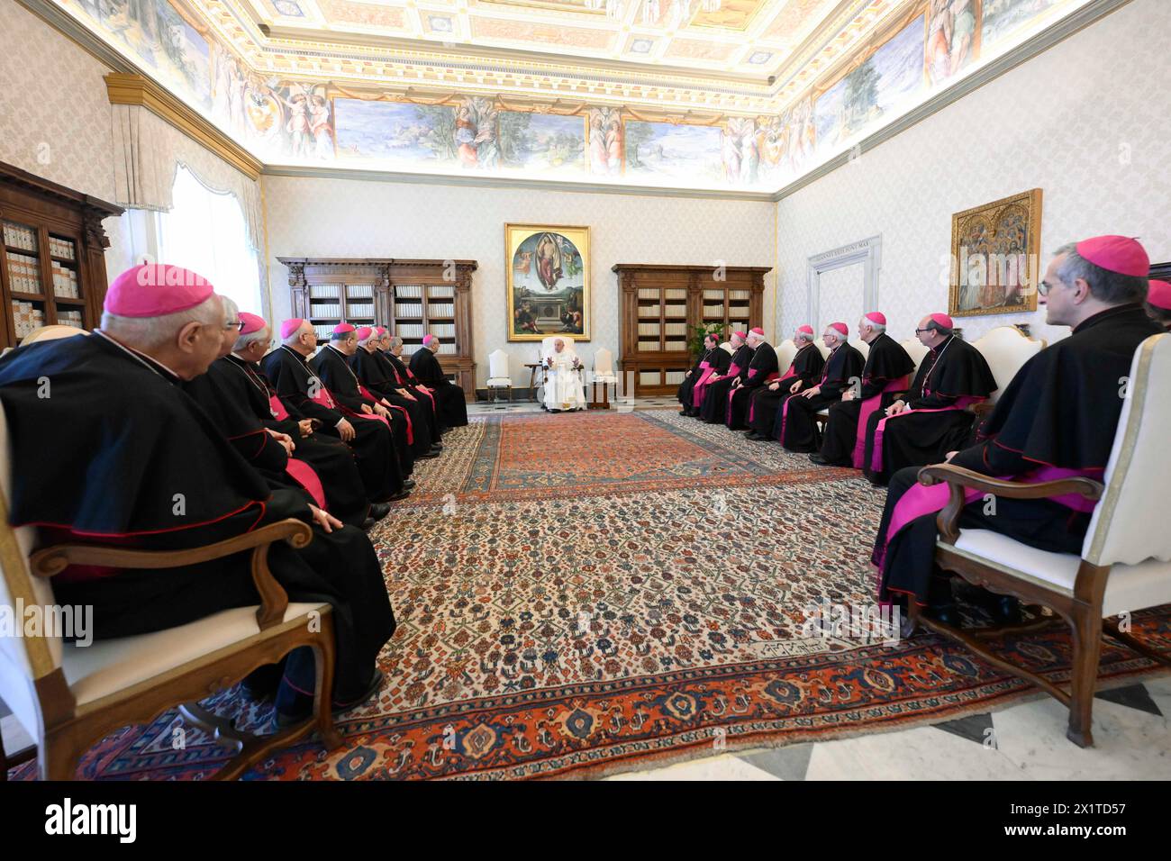 Vatican, Vatican. 18th Apr, 2024. **NO LIBRI** Italy, Rome, Vatican, 2024/4/18.Pope Francis receives in private audience Bishops of Puglia at the Vatican City Photograph by Vatican Media /Catholic Press Photo s. RESTRICTED TO EDITORIAL USE - NO MARKETING - NO ADVERTISING CAMPAIGNS.Italia, Roma, Vaticano, 2024/4/18. Papa Francesco riceve in udienza privata i vescovi della Puglia presso la Città del Vaticano. Credit: Independent Photo Agency/Alamy Live News Stock Photo