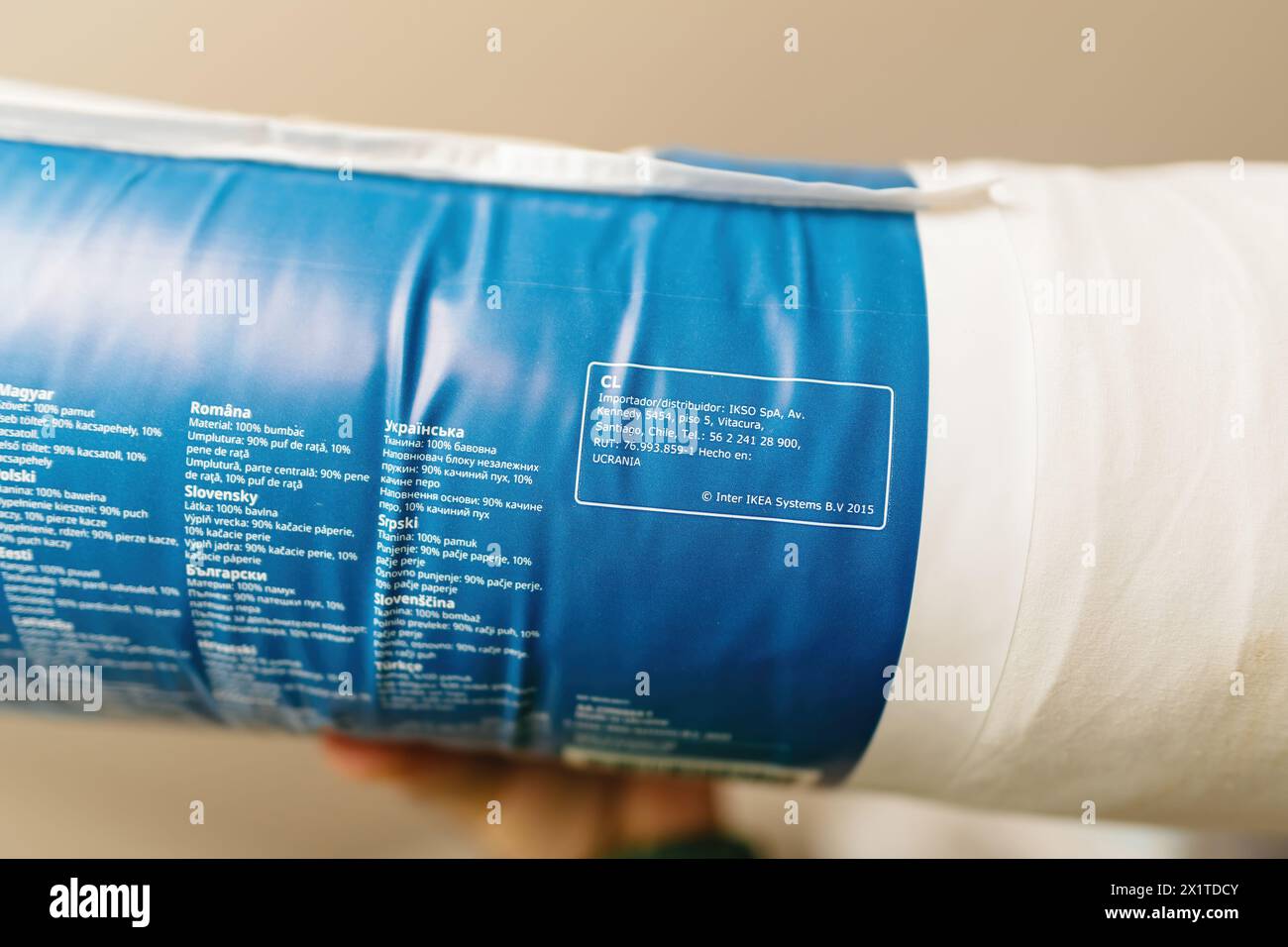 Paris, France Feb 22, 2024 90 percent duck down, 10 percent duck feathers in EU languages on