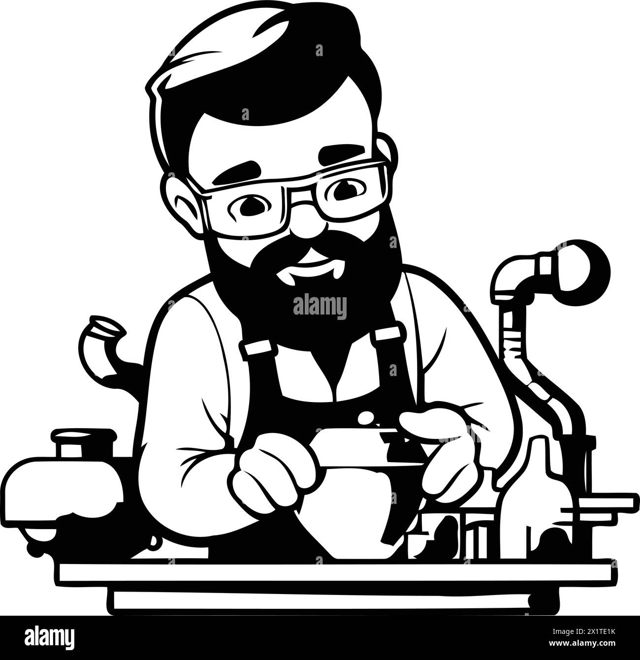 Hipster barista with a beard and mustache. Vector illustration. Stock Vector