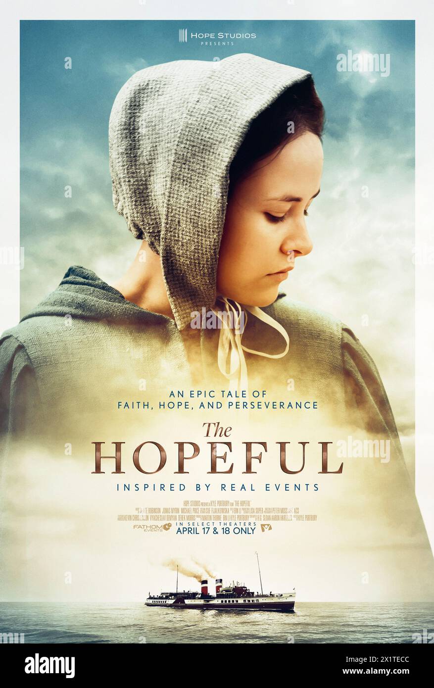 The Hopeful (2024) directed by Kyle Portbury and starring Tommie-Amber Pirie, Gregory Wilson and Maddy Martin. Aboard a steamship sailing across the Atlantic Ocean in 1874, widower John Andrews delights the restless minds of his two children with a tale of courage, hope, war, and true love that begins with the end of the world. US one sheet poster.***EDITORIAL USE ONLY*** Credit: BFA / Fathom Events Stock Photo