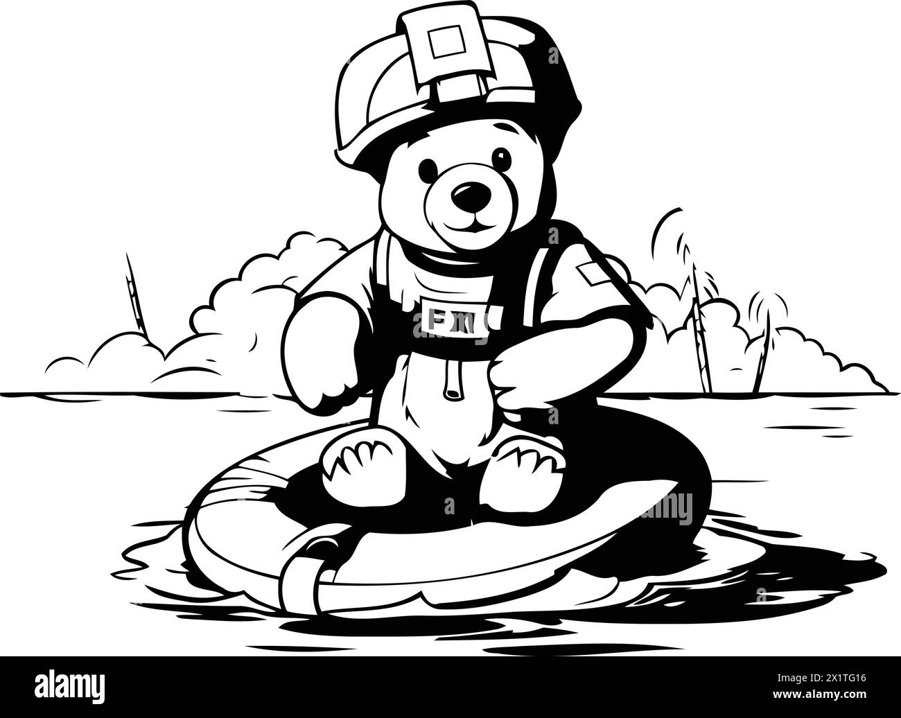 Teddy bear in a life jacket on the sea. Vector illustration Stock