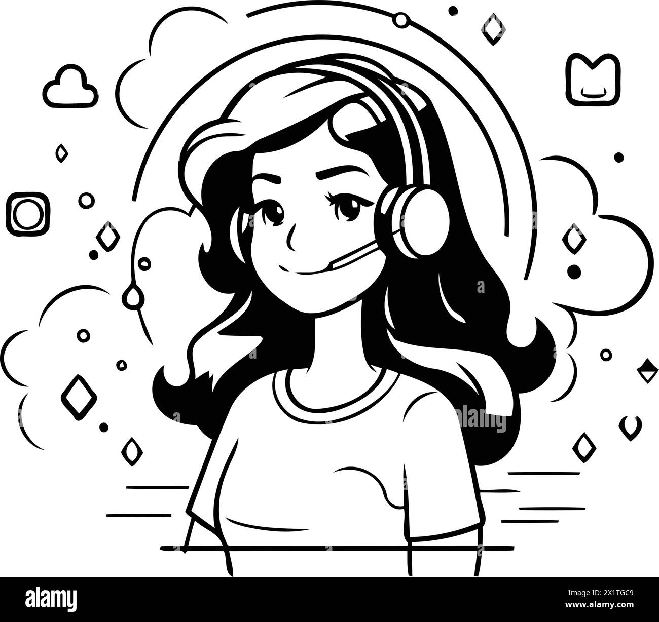 Vector illustration of a girl with headphones. Call center. customer support service. Stock Vector