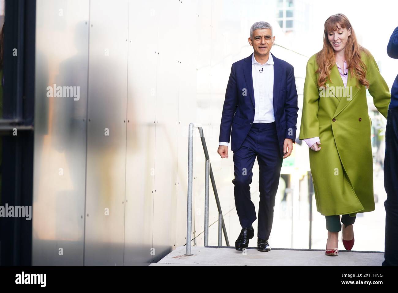 Mayor of London Sadiq Khan arrives with Labour Party deputy leader Angela Rayner, to make a policy announcement, during his speech at at the Design District in Greenwich, London, as he campaigns to be re-elected as London mayor on May 2. Picture date: Thursday April 18, 2024. Stock Photo