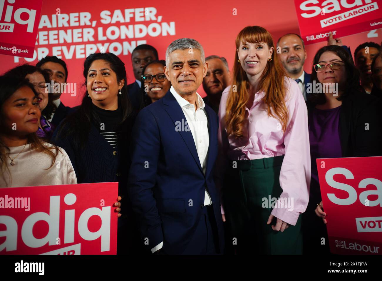 Mayor of London Sadiq Khan with Labour Party deputy leader Angela Rayner, following a policy announcement during his speech at the Design District in Greenwich, London, as he campaigns to be re-elected as London mayor on May 2. Picture date: Thursday April 18, 2024. Stock Photo