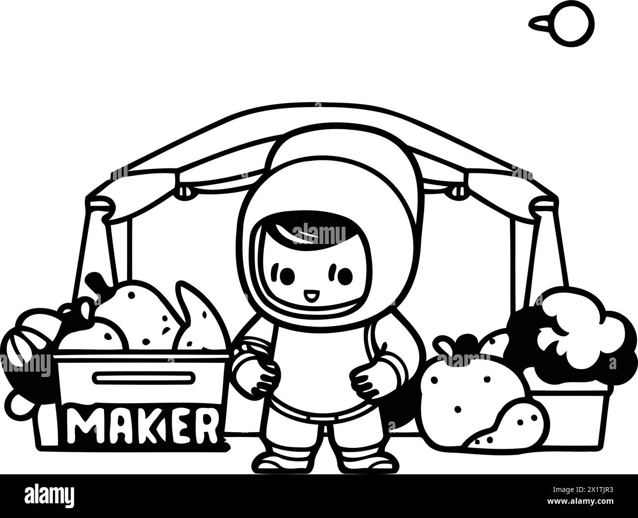 Cute little baby boy in astronaut costume standing with basket full of