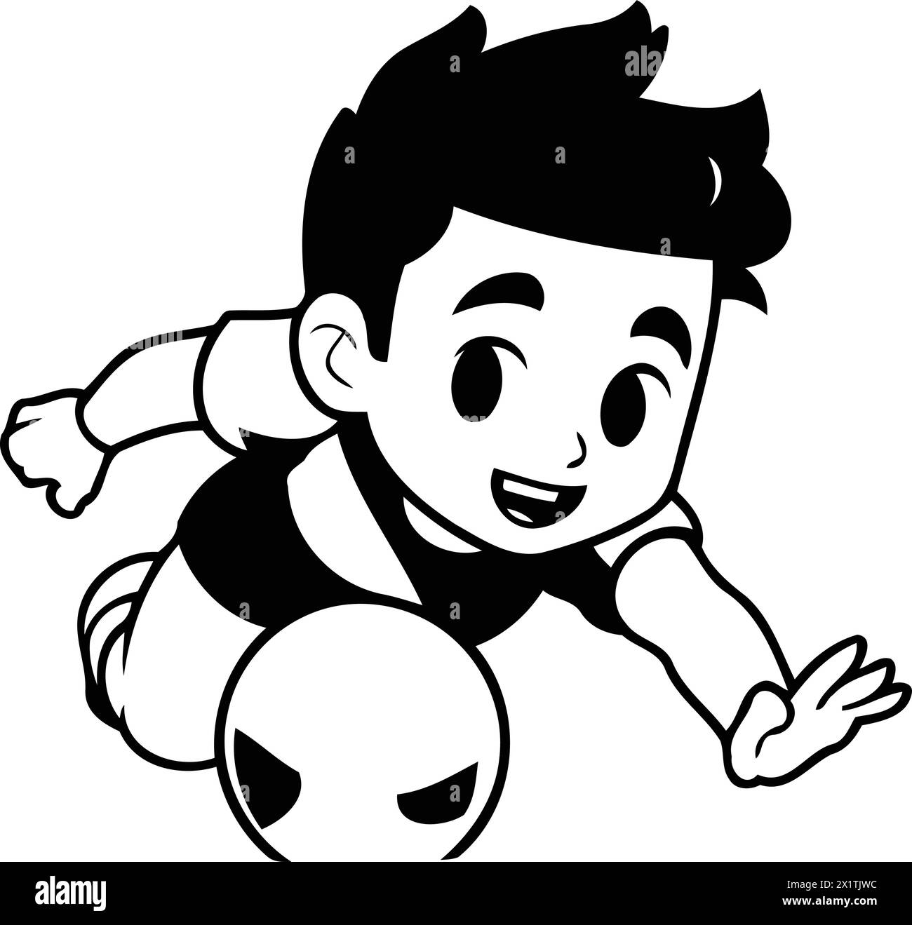 Boy playing soccer vector illustration. Cartoon boy kicking a soccer