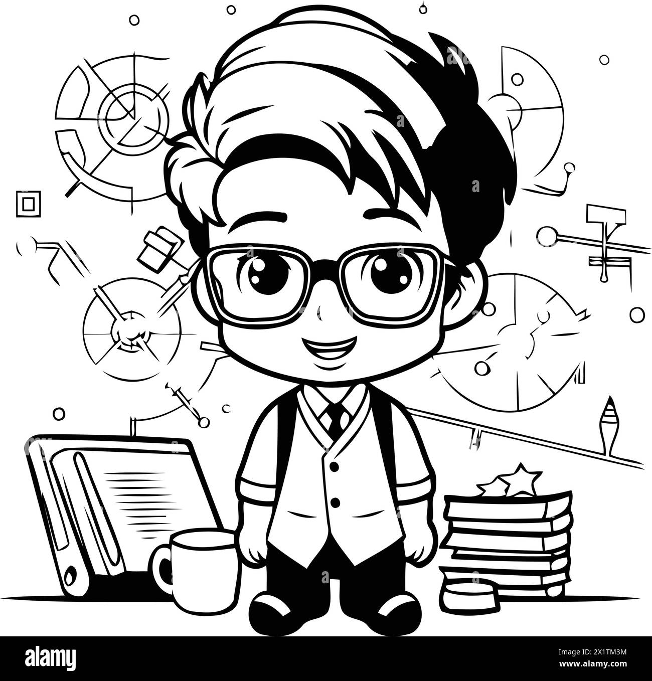 Cute schoolboy with books and laptop on white background. Vector illustration. Stock Vector