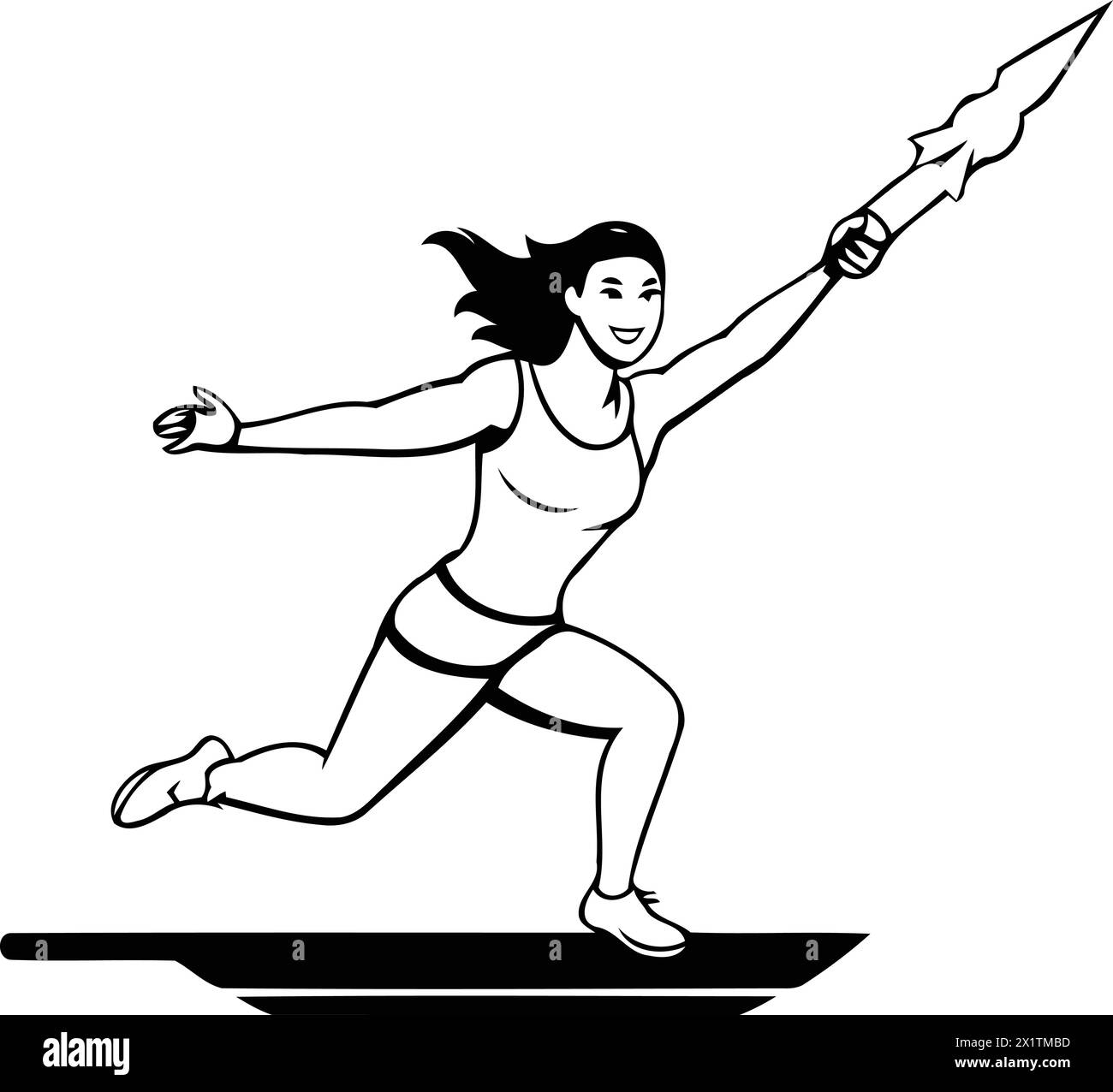 Sportswoman running with katana sword. Vector illustration in flat