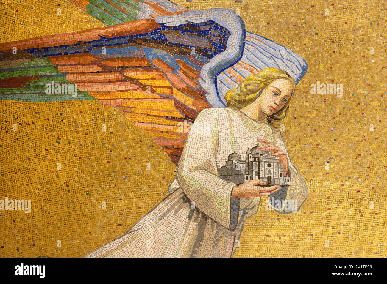 MILAN, ITALY - MARCH 4, 2024: The detial of mosaic of angel with the symbolic church in the church Chiesa di San Agostino designed by Elena Mazzari Stock Photo