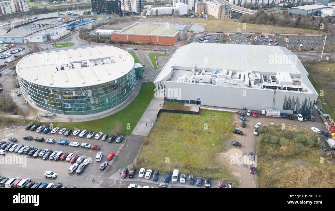 11 February 2024, Cardiff. Aerial view of the Vindico Arena and Cardiff International Pool and Gym, part of the International Sports Village in Cardif Stock Photo