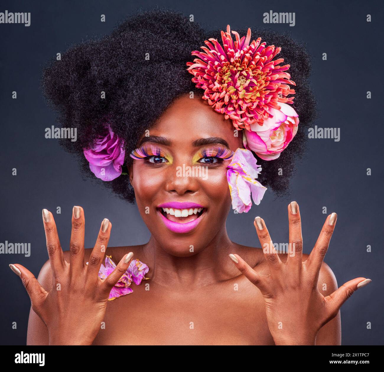 Flowers, manicure and portrait of afro black woman in studio on dark ...