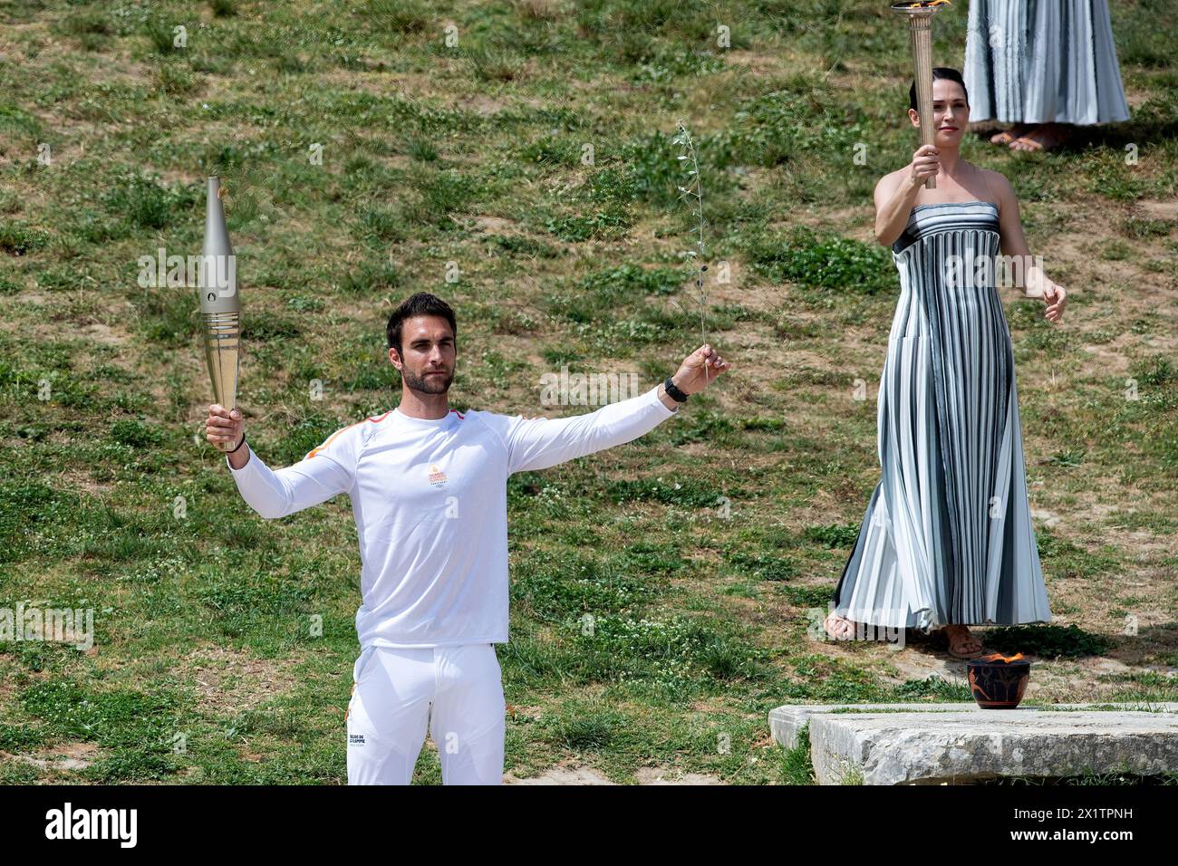 Olympia, Greece April 15, 2024 Olympic flame lighting ceremony for