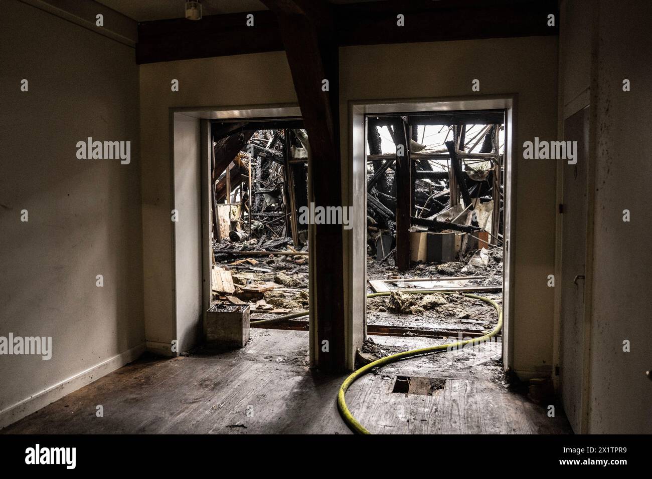 Fire and water damage inside the Old Stock Exchange building, Børsen,  in central Copenhagen, Denmark, on April 17, 2024, the day after a fire raged through the 17th century building. Photo: Jens Christian / Expressen / TT / code 7172 Stock Photo