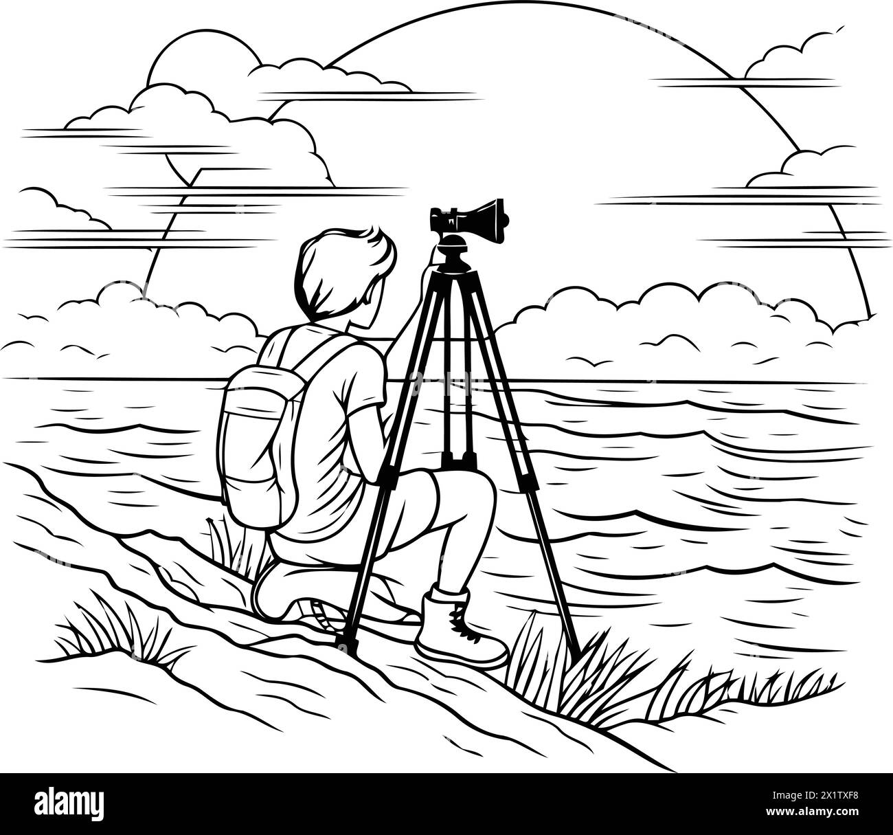 Man taking photos of the sea. Vector illustration in sketch style. Stock Vector