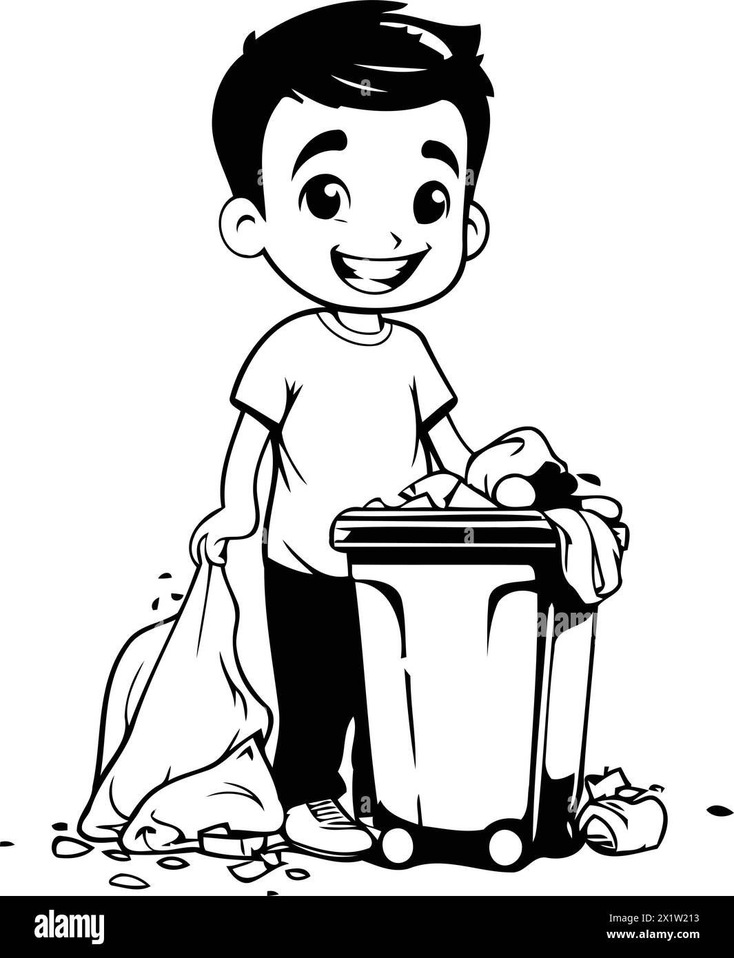 Cartoon boy throwing garbage in the trash can. Vector illustration