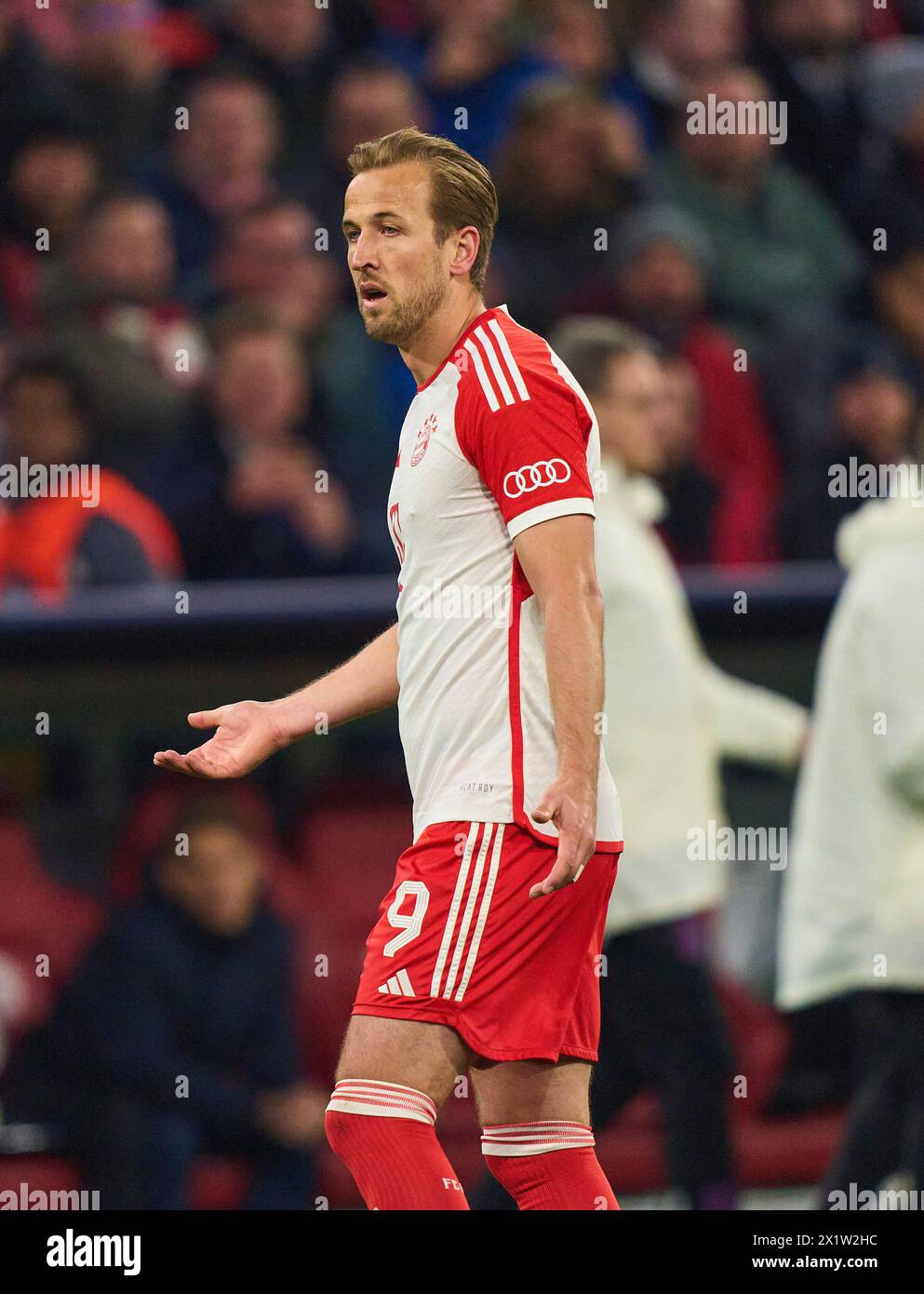 Harry Kane, FCB 9  in the quarter final match   FC BAYERN MUENCHEN - FC ARSENAL LONDON 1-0 of football UEFA Champions League in season 2023/2024 in Munich, Apr 17, 2024.  Viertelfinale,, FCB, Muenchen Photographer: ddp images / star-images Stock Photo
