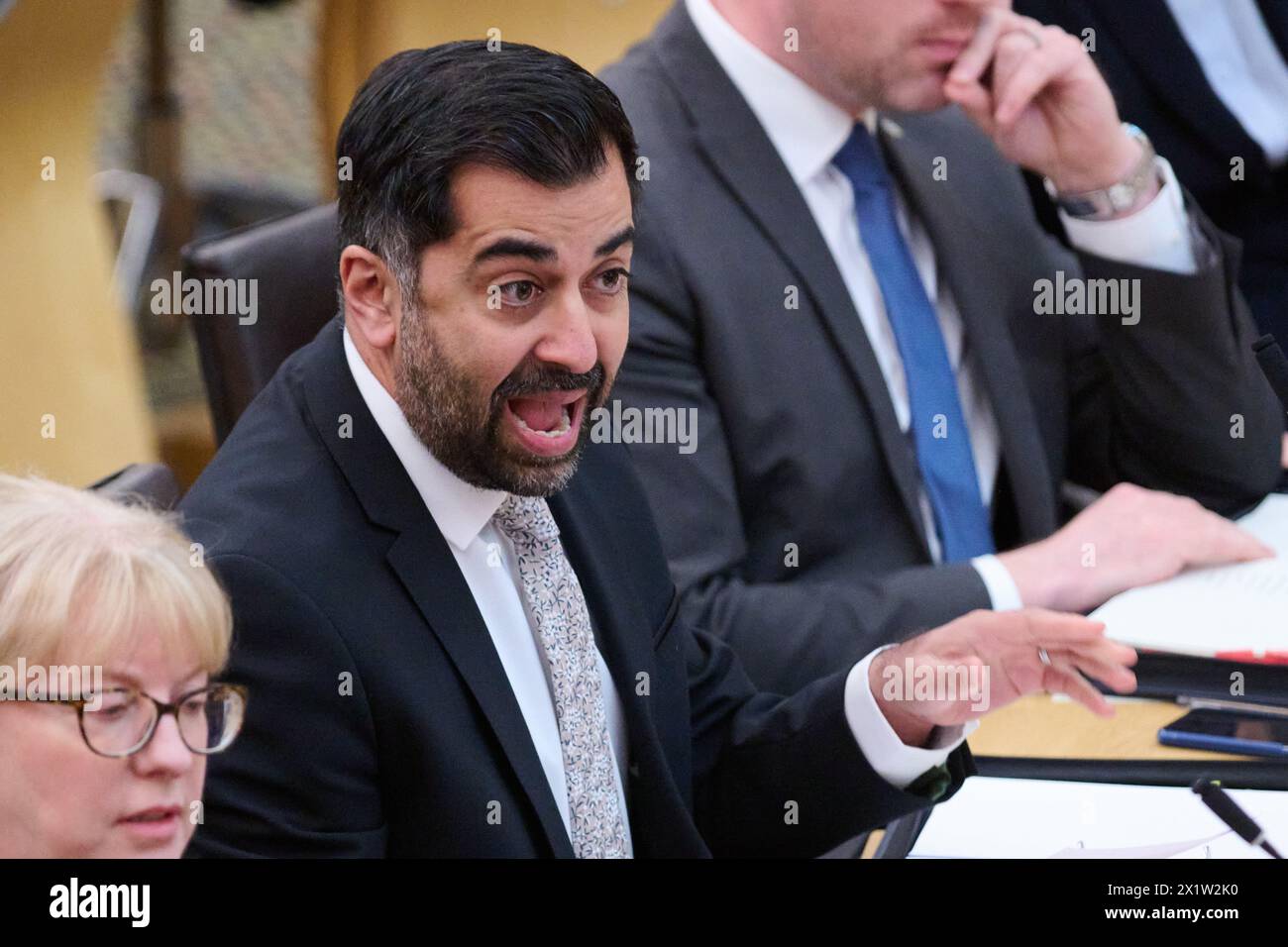 Edinburgh Scotland, UK 18 April 2024. First Minister Humza Yousaf MSP at the Scottish Parliament  for First Minister Questions. credit sst/alamy live news Stock Photo