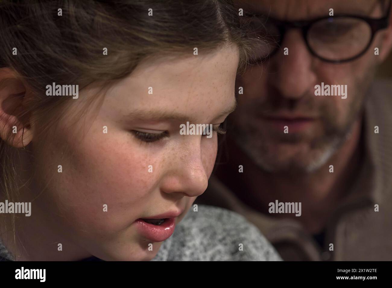 Portrait of daughter, 10 years, and father, Mecklenburg-Vorpommern, Germany Stock Photo