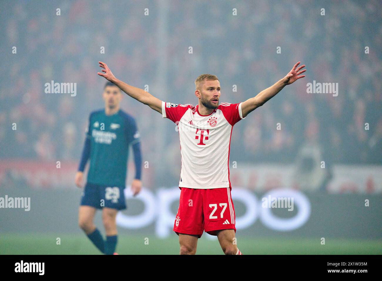 Konrad Laimer, FCB 27  in the quarter final match   FC BAYERN MUENCHEN - FC ARSENAL LONDON 1-0 of football UEFA Champions League in season 2023/2024 in Munich, Apr 17, 2024.  Viertelfinale,, FCB, Muenchen Photographer: ddp images / star-images Stock Photo
