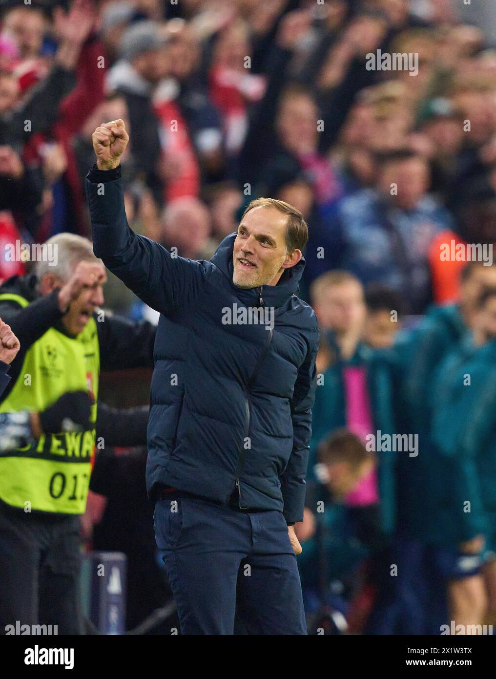 Trainer Thomas Tuchel (FCB), team manager, headcoach, coach,  celebrate at final whistle after the quarter final match   FC BAYERN MUENCHEN - FC ARSENAL LONDON 1-0 of football UEFA Champions League in season 2023/2024 in Munich, Apr 17, 2024.  Viertelfinale,, FCB, Muenchen Photographer: ddp images / star-images Stock Photo