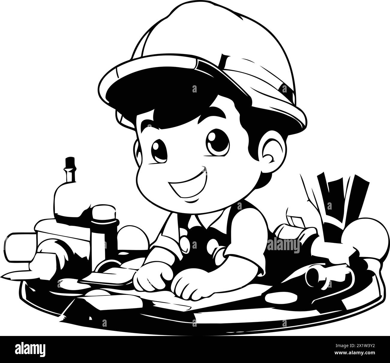 Illustration of a Cute Little Boy Wearing a Hard Hat and Working Outdoors Stock Vector
