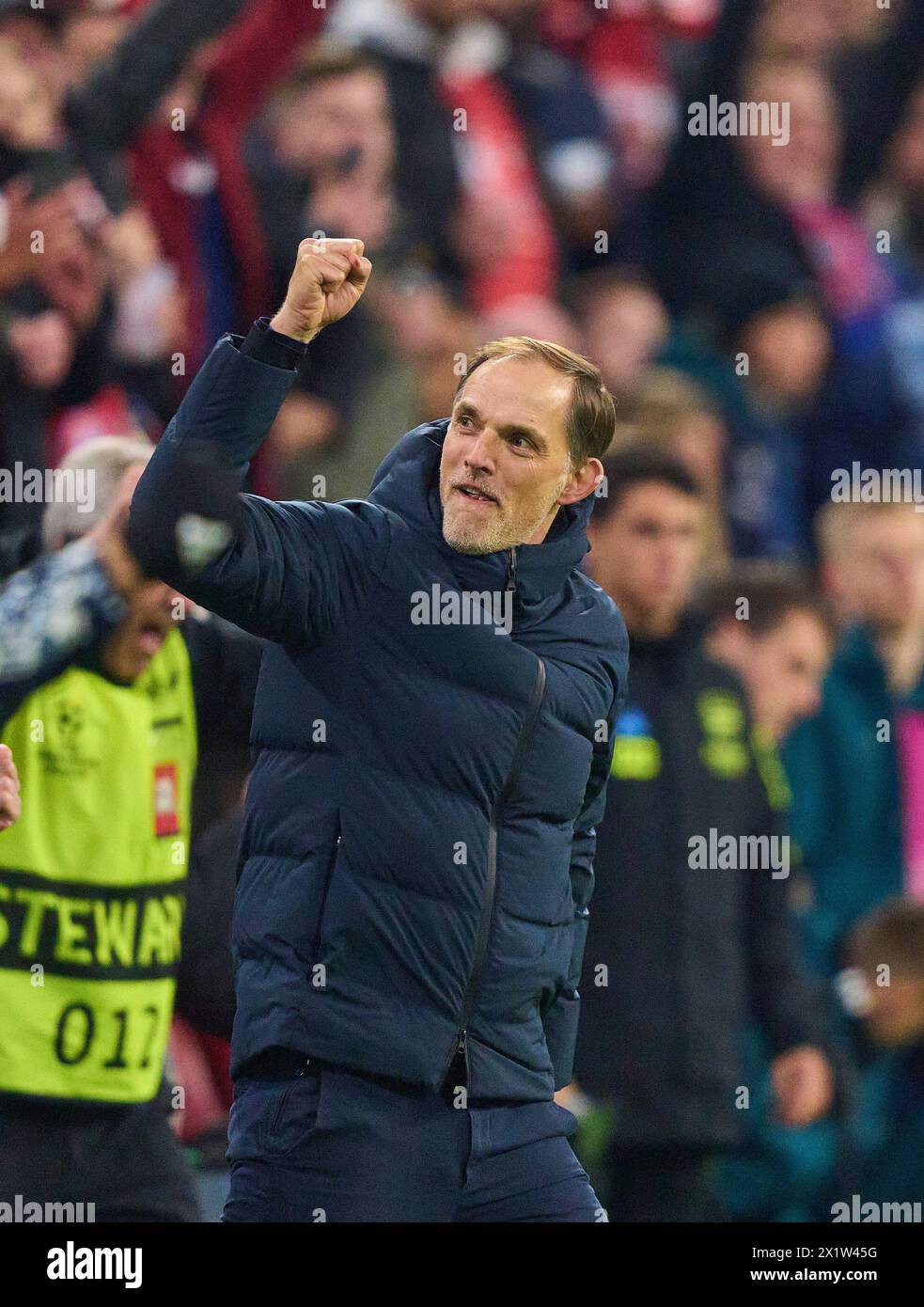 Trainer Thomas Tuchel (FCB), team manager, headcoach, coach,  celebrate at final whistle after the quarter final match   FC BAYERN MUENCHEN - FC ARSENAL LONDON 1-0 of football UEFA Champions League in season 2023/2024 in Munich, Apr 17, 2024.  Viertelfinale,, FCB, Muenchen Photographer: ddp images / star-images Stock Photo