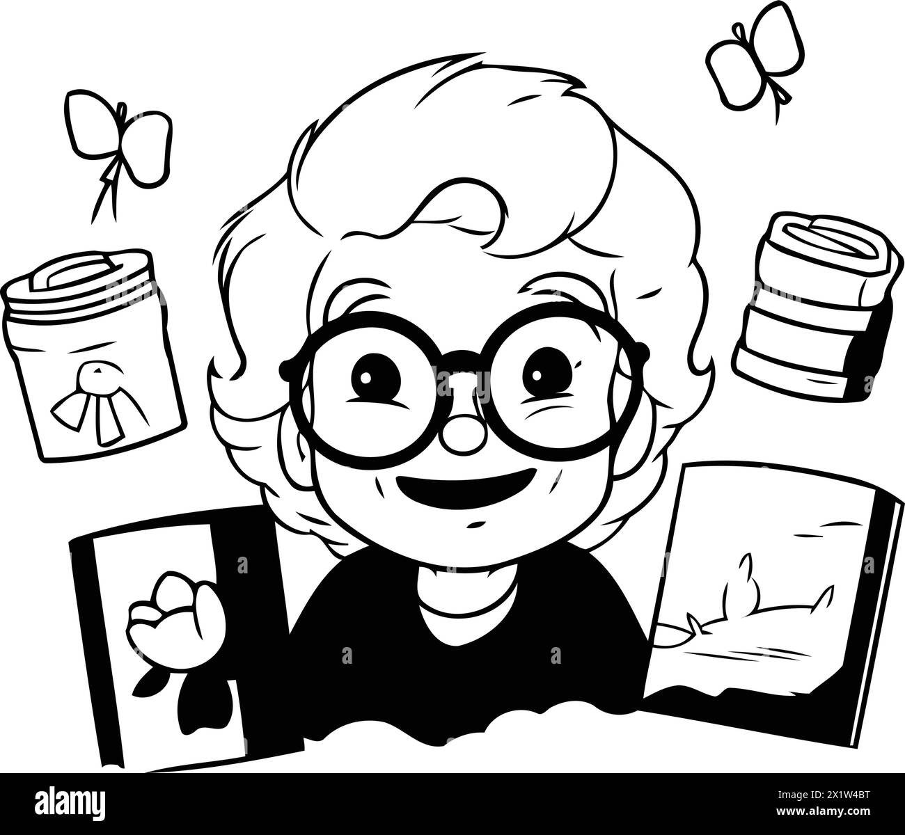 Cute cartoon old woman with glasses and book. Vector illustration. Stock Vector