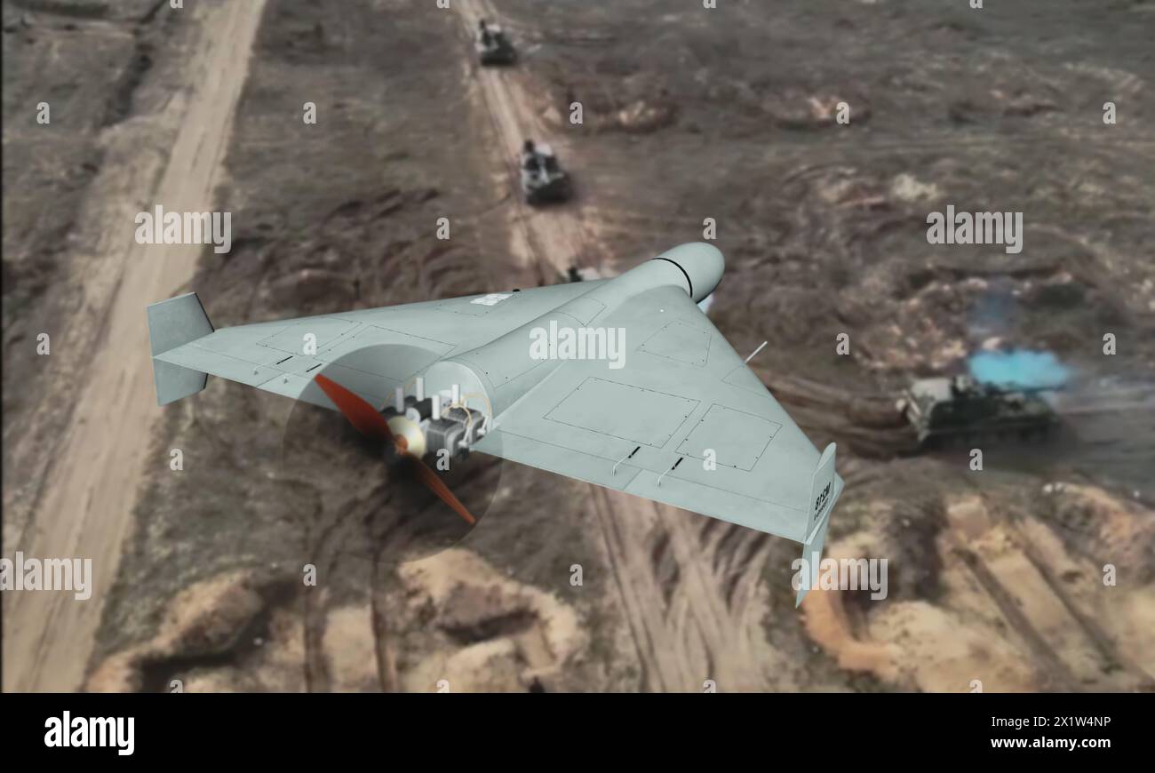 Military attack drone attacks military tanks. Concept: war in Ukraine, UAV aerial attack. Stock Photo